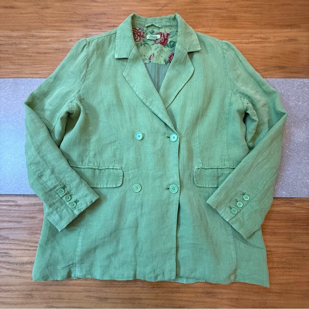 Sundance Oaklee Linen Double Breasted Blazer Green Tea Size Large Petite - Picture 3 of 12